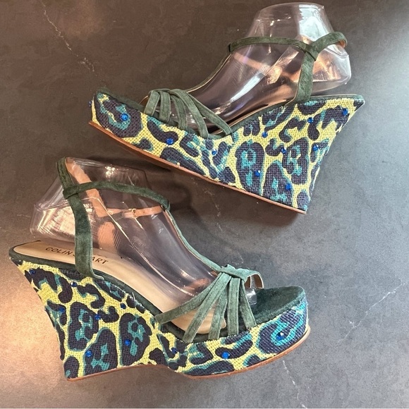 Colin Stuart sz 11 green suede leopard print platform wedge sandals - Picture 8 of 16